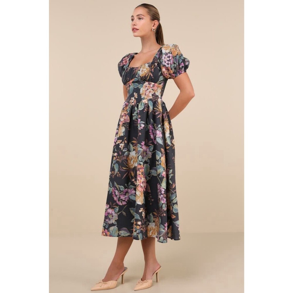 Lulu’s Adorable Tendencies Dark Grey Floral Puff Sleeve Midi Dress Small NWT - Picture 3 of 7
